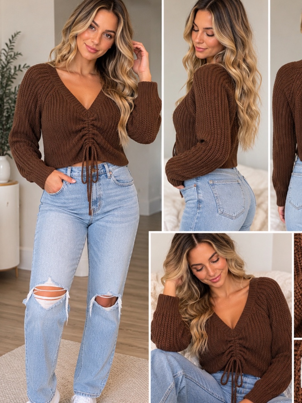 Ardene Brown Ruched Drawstring Knit Sweater